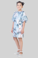 TinyGirl Powder Blue Floral Puff Sleeve Dress for Girls