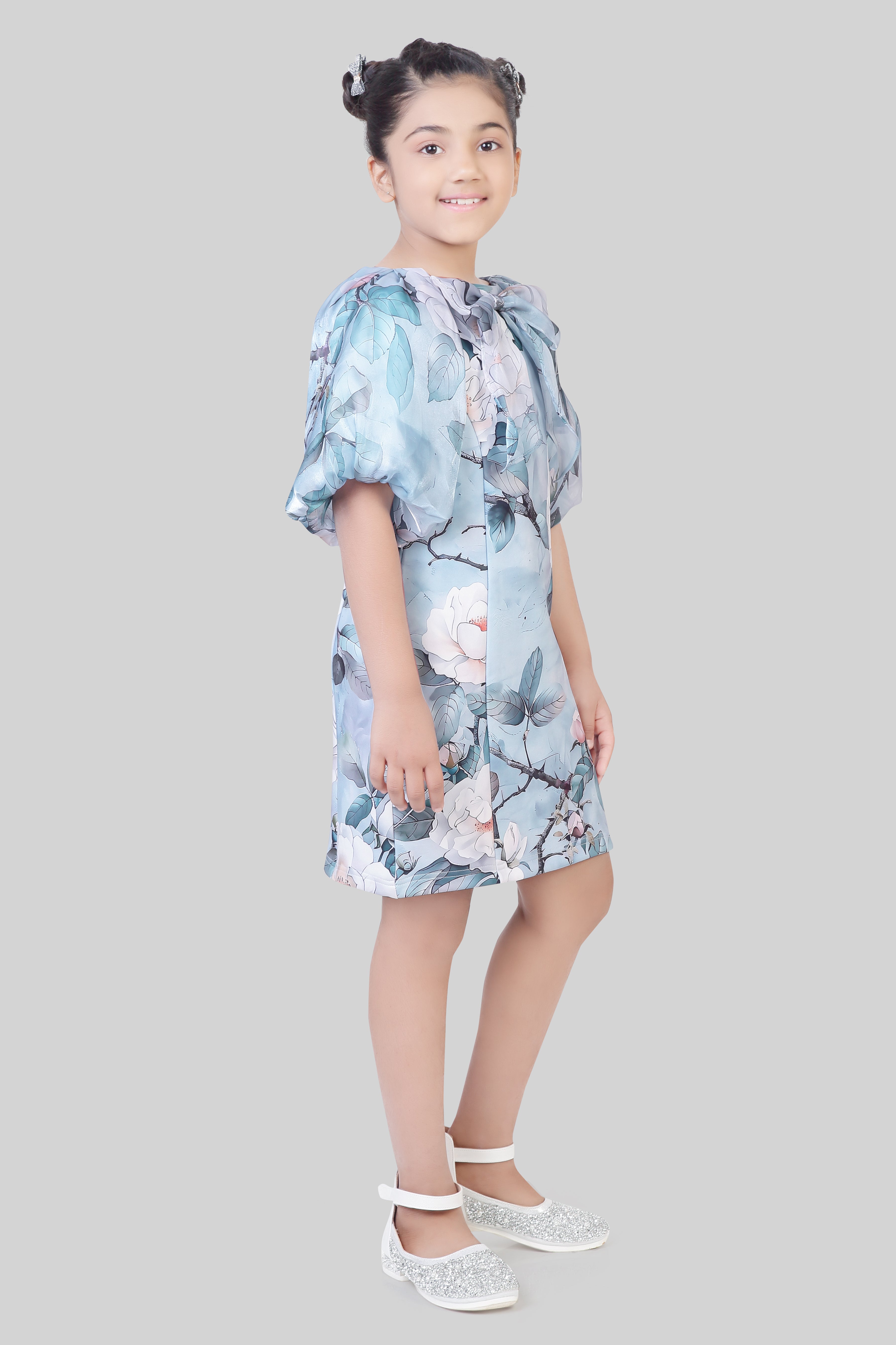 TinyGirl Powder Blue Floral Puff Sleeve Dress for Girls