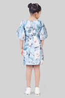 TinyGirl Powder Blue Floral Puff Sleeve Dress for Girls