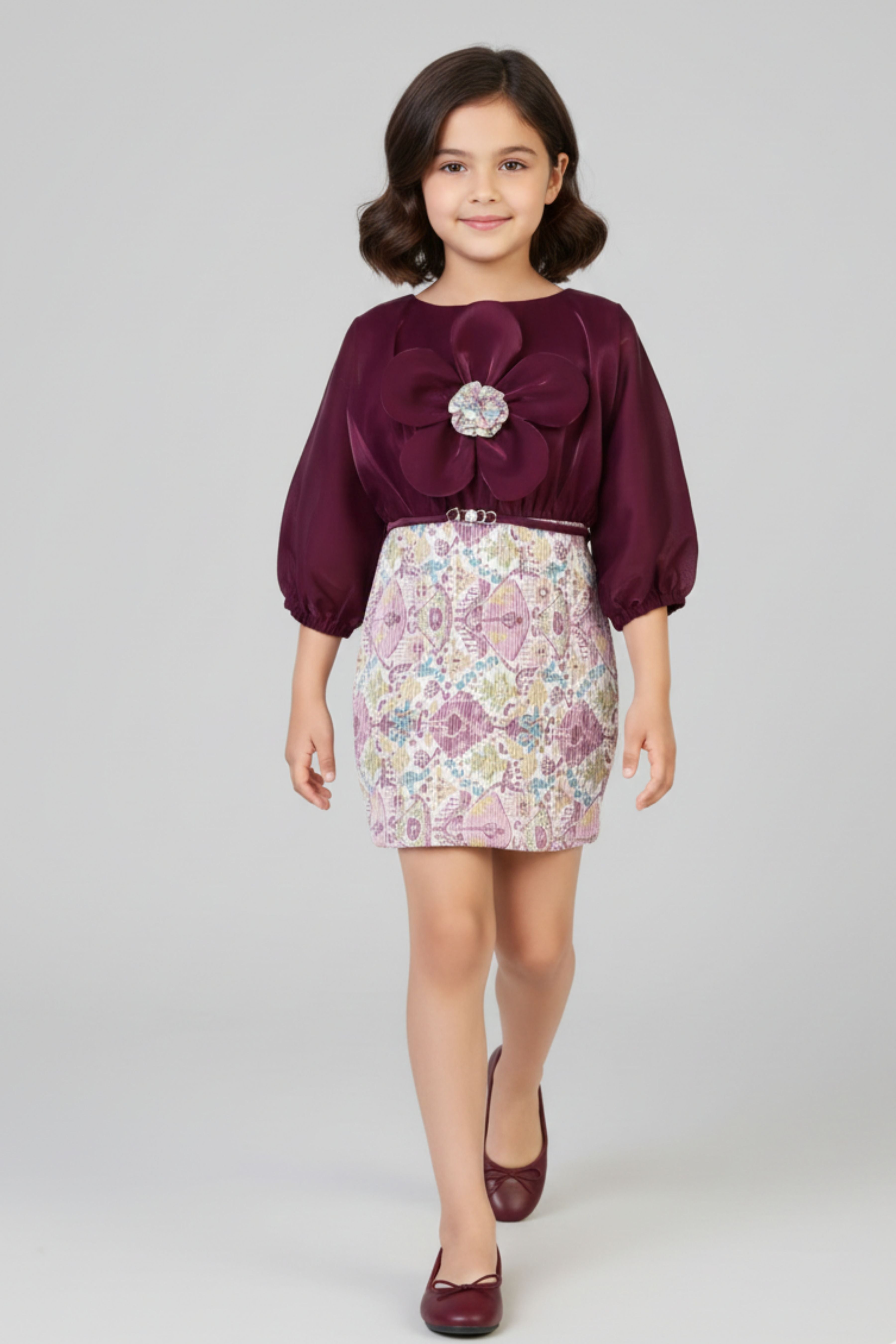 Tiny Girl Girls Party Dress Maroon Embellished Festive Winter