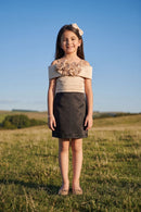 Girls Fawn & Black Floral Rosette Off-Shoulder Party Dress M2561