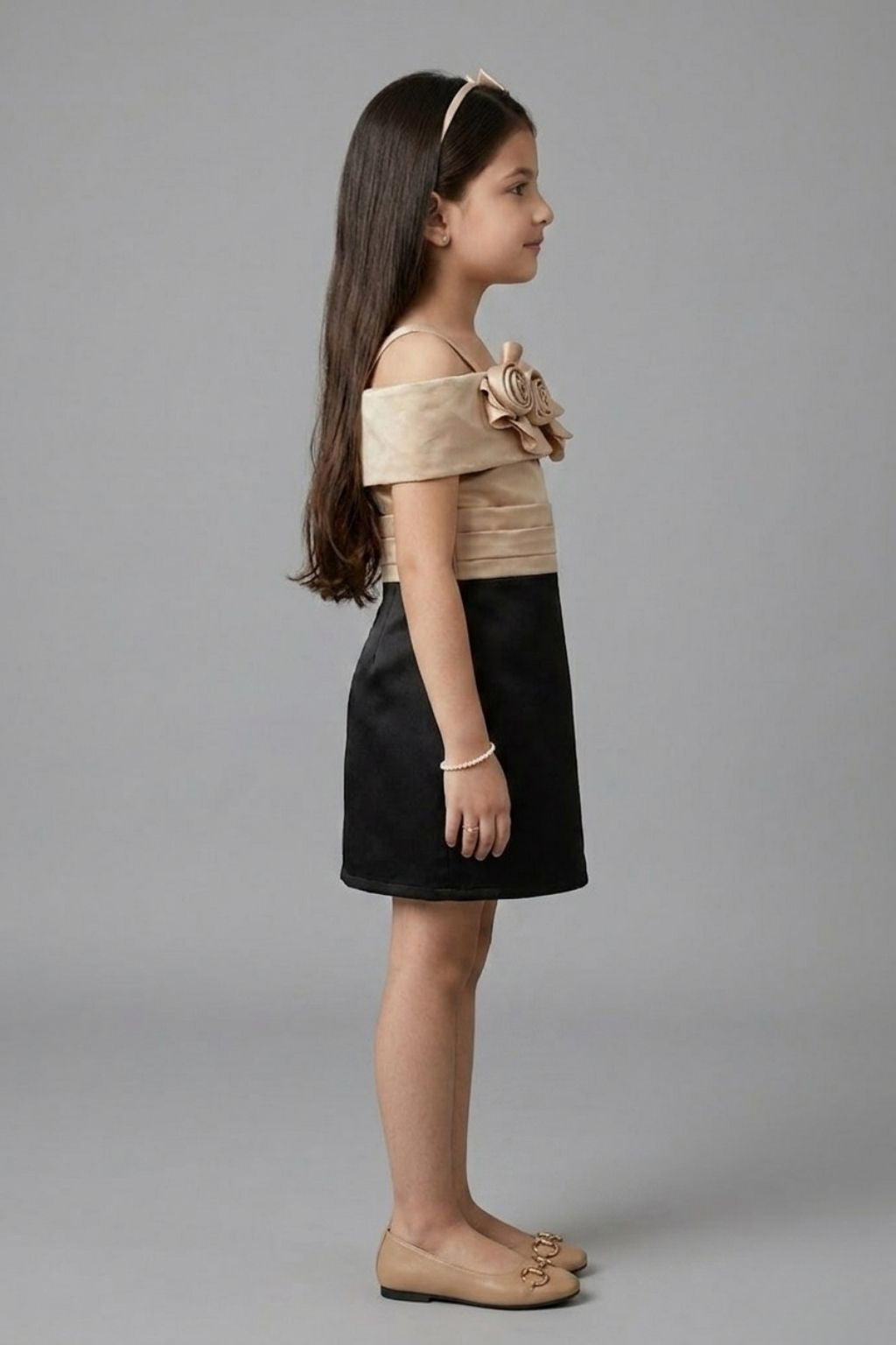 Girls Fawn & Black Floral Rosette Off-Shoulder Party Dress M2561