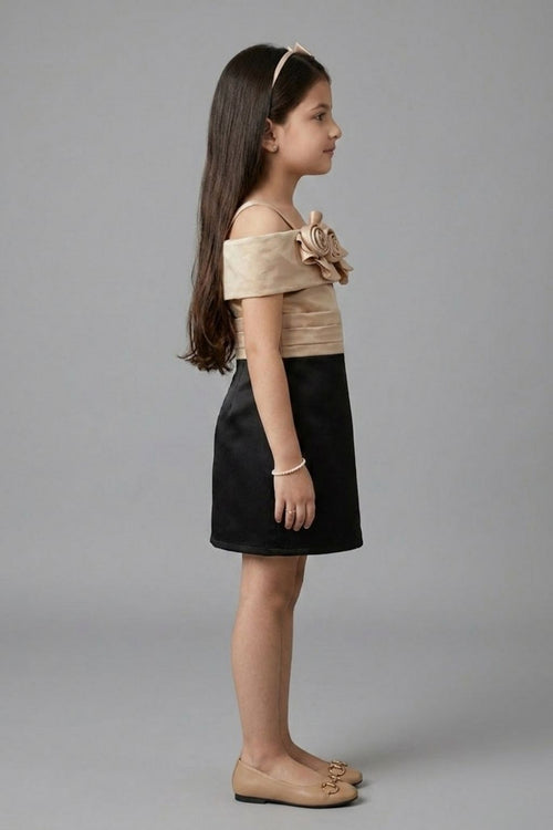Girls Fawn & Black Floral Rosette Off-Shoulder Party Dress M2561
