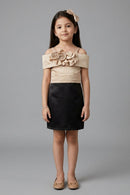 Girls Fawn & Black Floral Rosette Off-Shoulder Party Dress M2561