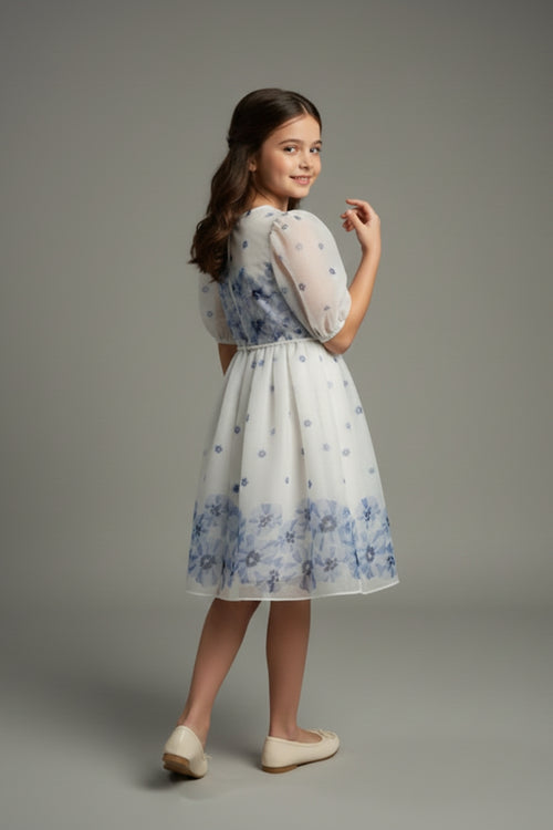 Girls Blue Floral Mesh Dress M2575