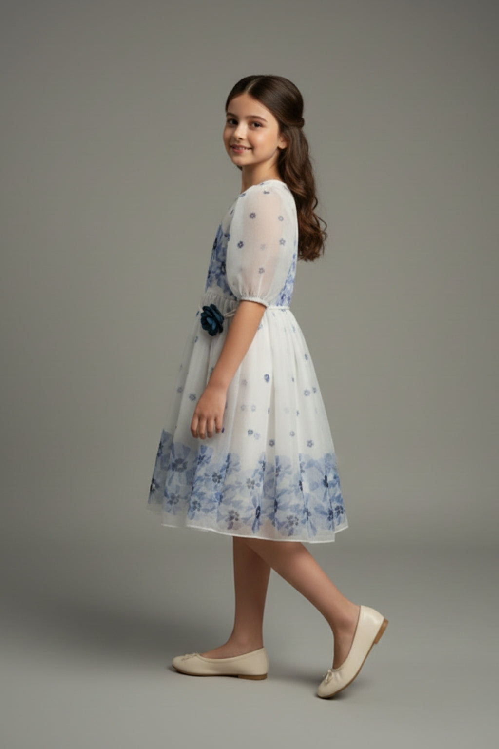 Girls Blue Floral Mesh Dress M2575