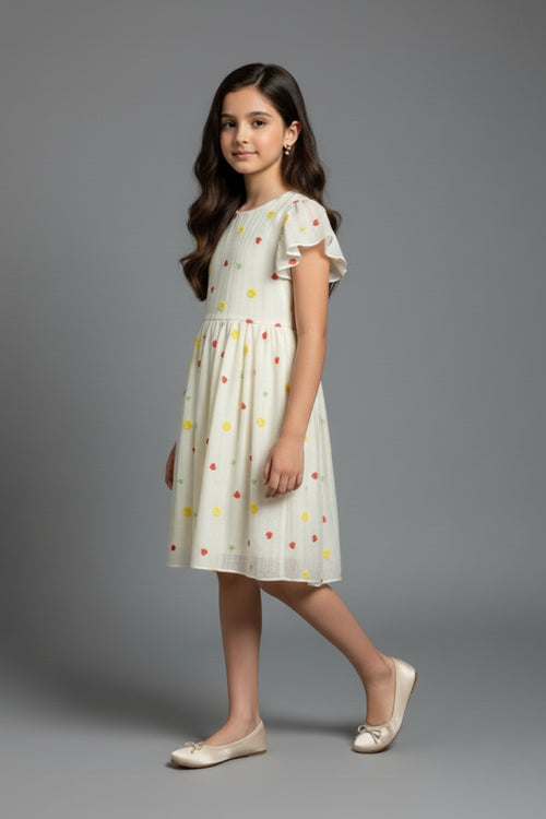 Cream Floral Embroidered Ruffle Sleeve Dress M2583