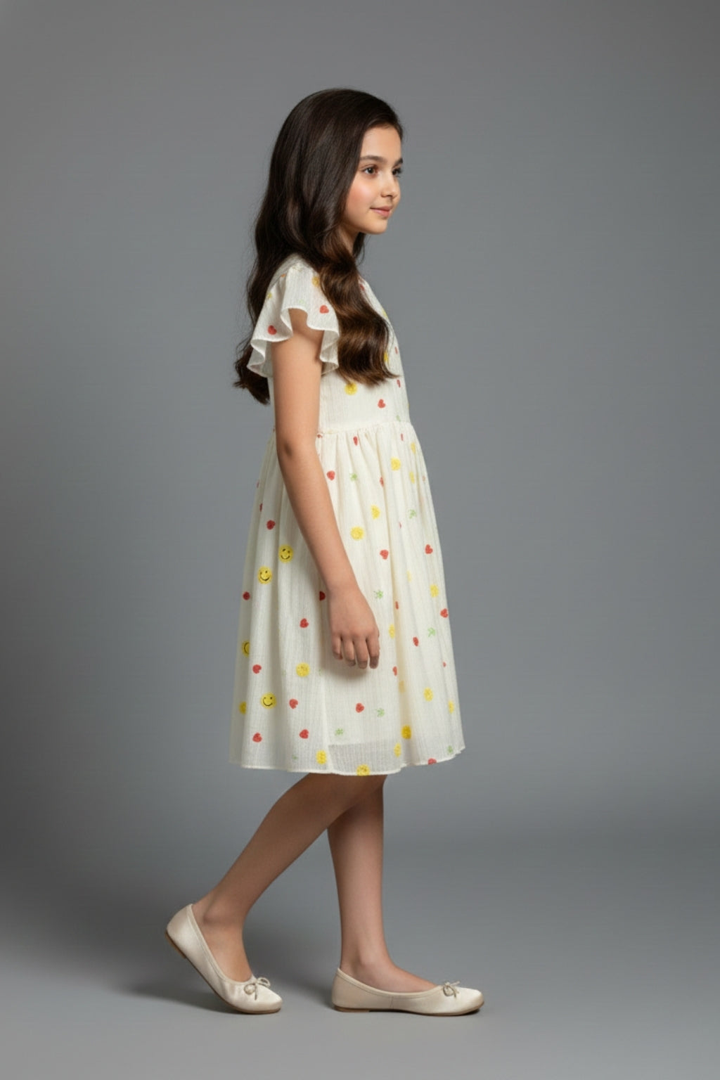 Cream Floral Embroidered Ruffle Sleeve Dress M2583