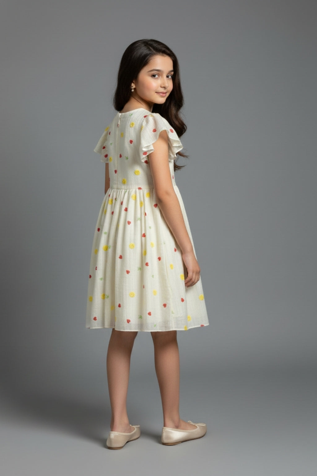Cream Floral Embroidered Ruffle Sleeve Dress M2583