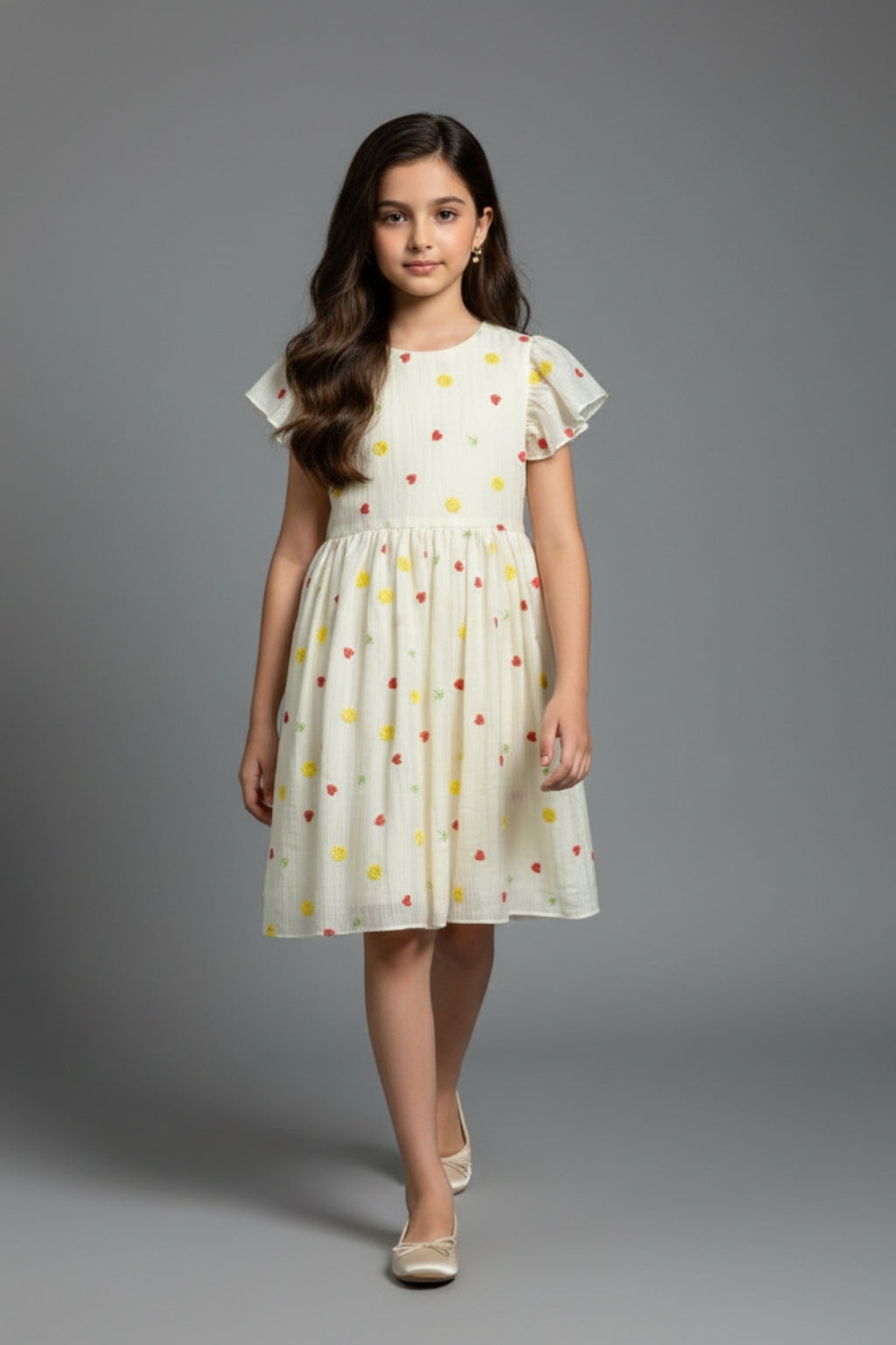Cream Floral Embroidered Ruffle Sleeve Dress M2583