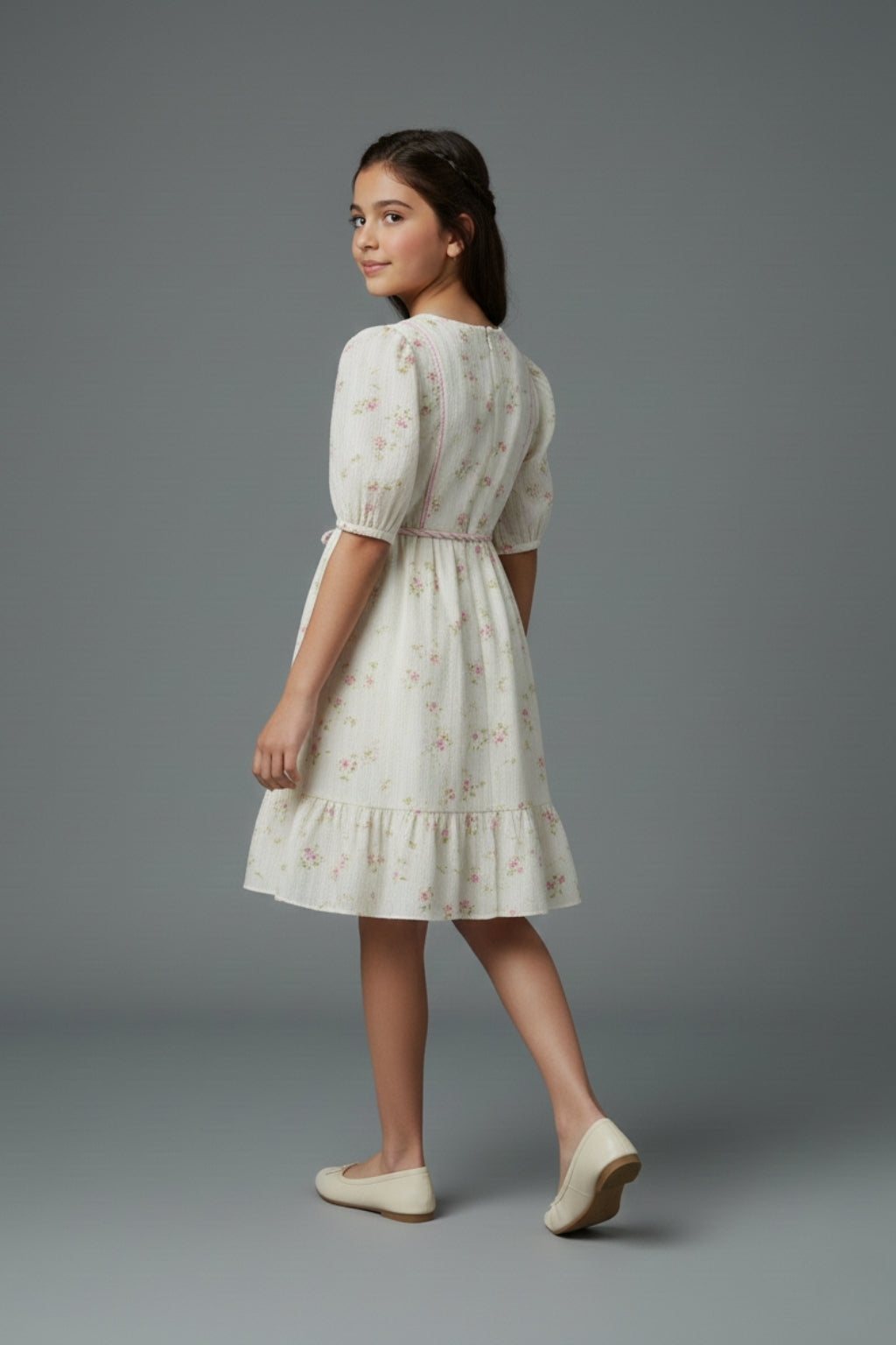 Cream Floral Cotton Dress with Puff Sleeves M2588