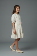 Cream Floral Cotton Dress with Puff Sleeves M2588