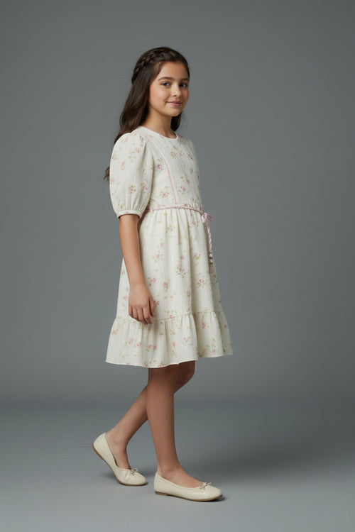 Cream Floral Cotton Dress with Puff Sleeves M2588
