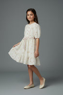 Cream Floral Cotton Dress with Puff Sleeves M2588