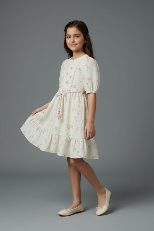 Cream Floral Cotton Dress with Puff Sleeves M2588