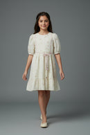 Cream Floral Cotton Dress with Puff Sleeves M2588