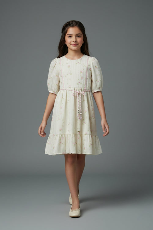 Cream Floral Cotton Dress with Puff Sleeves M2588