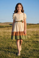 Girls Cream & Olive Tiered Cotton Dress M2590
