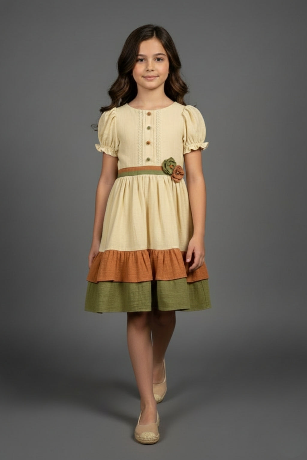 Girls Cream & Olive Tiered Cotton Dress M2590