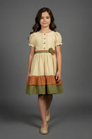 Girls Cream & Olive Tiered Cotton Dress M2590