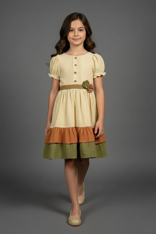 Girls Cream & Olive Tiered Cotton Dress M2590