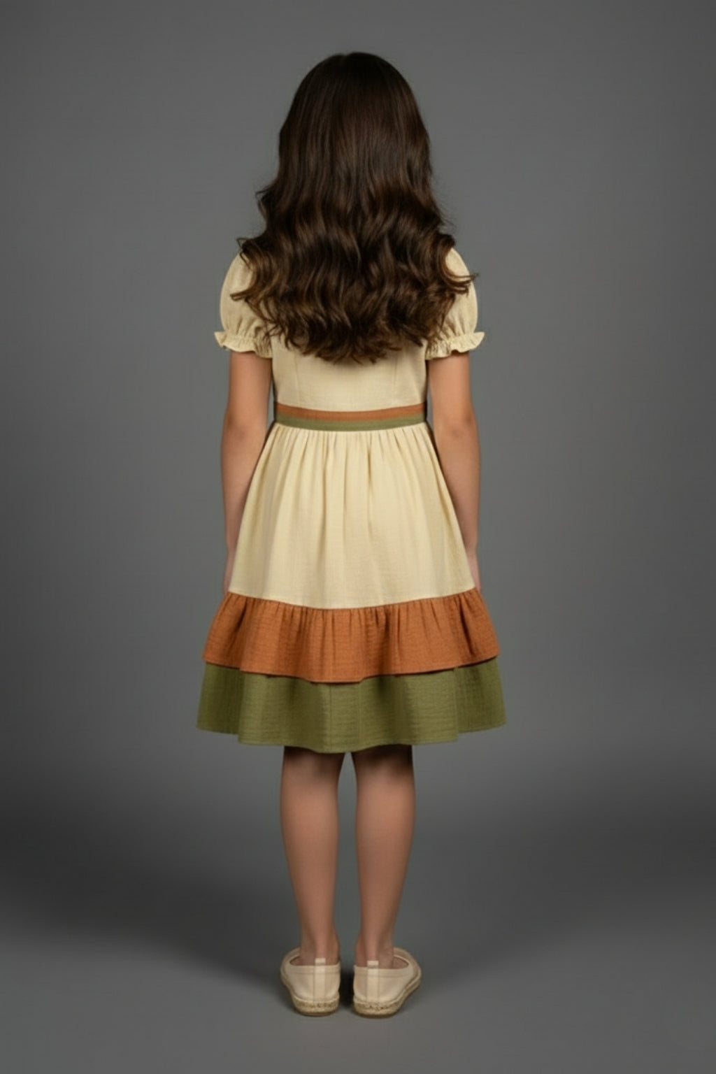 Girls Cream & Olive Tiered Cotton Dress M2590
