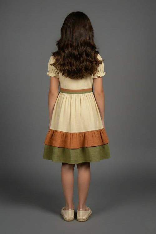 Girls Cream & Olive Tiered Cotton Dress M2590