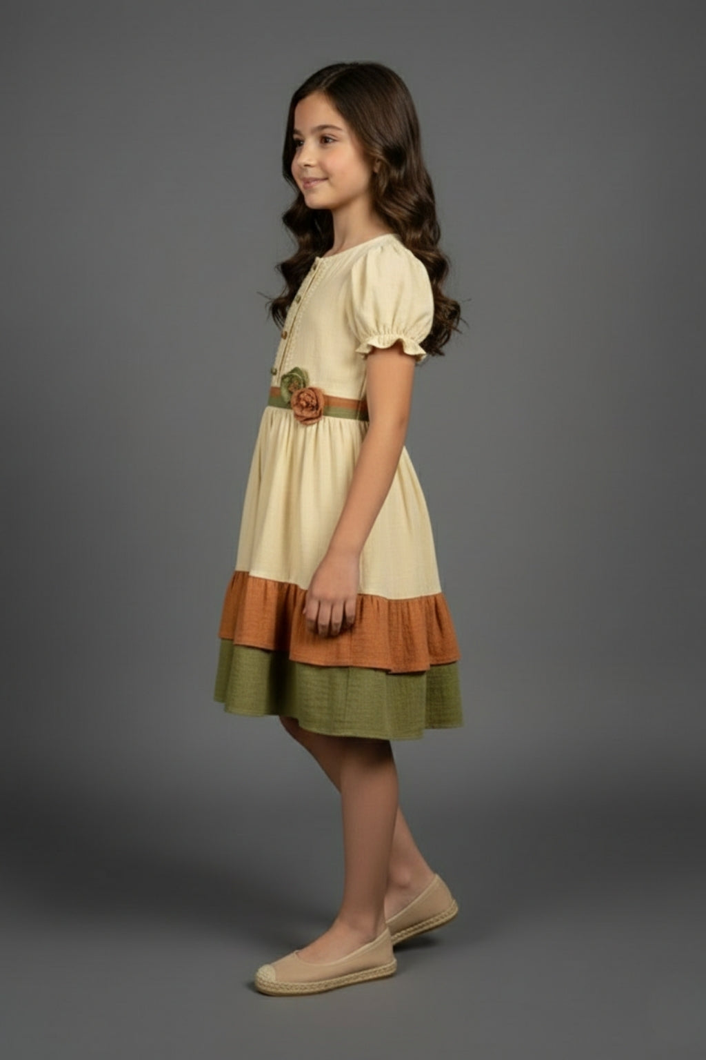 Girls Cream & Olive Tiered Cotton Dress M2590