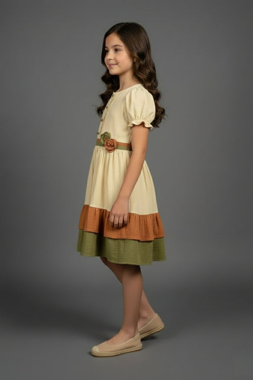 Girls Cream & Olive Tiered Cotton Dress M2590