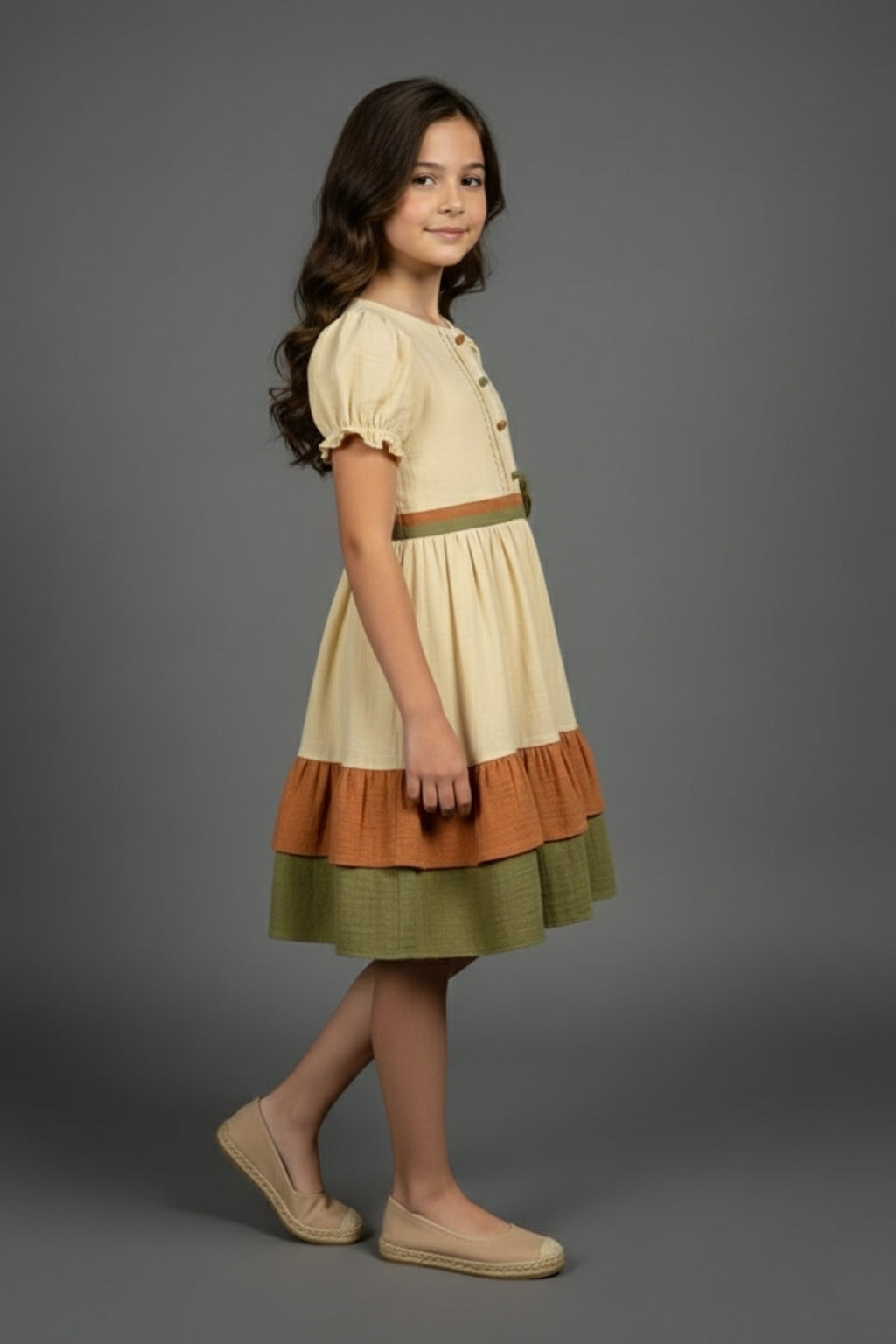 Girls Cream & Olive Tiered Cotton Dress M2590