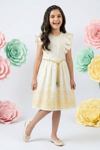 Girls White & Yellow Ruffle Sleeve Dress M2598