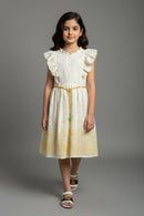 Girls White & Yellow Ruffle Sleeve Dress M2598