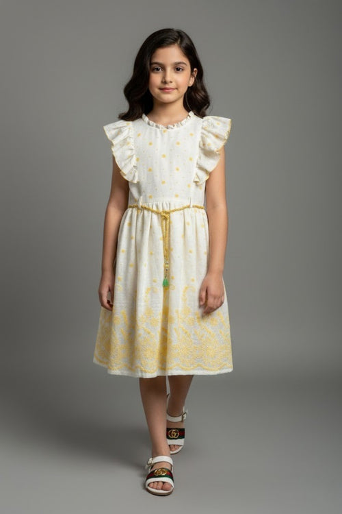Girls White & Yellow Ruffle Sleeve Dress M2598