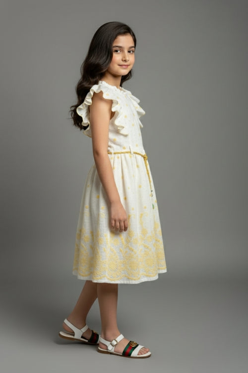 Girls White & Yellow Ruffle Sleeve Dress M2598