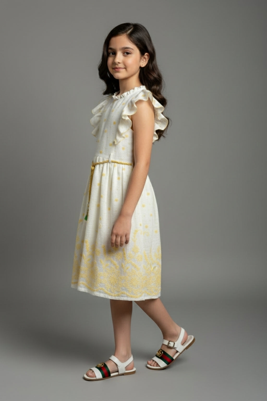 Girls White & Yellow Ruffle Sleeve Dress M2598