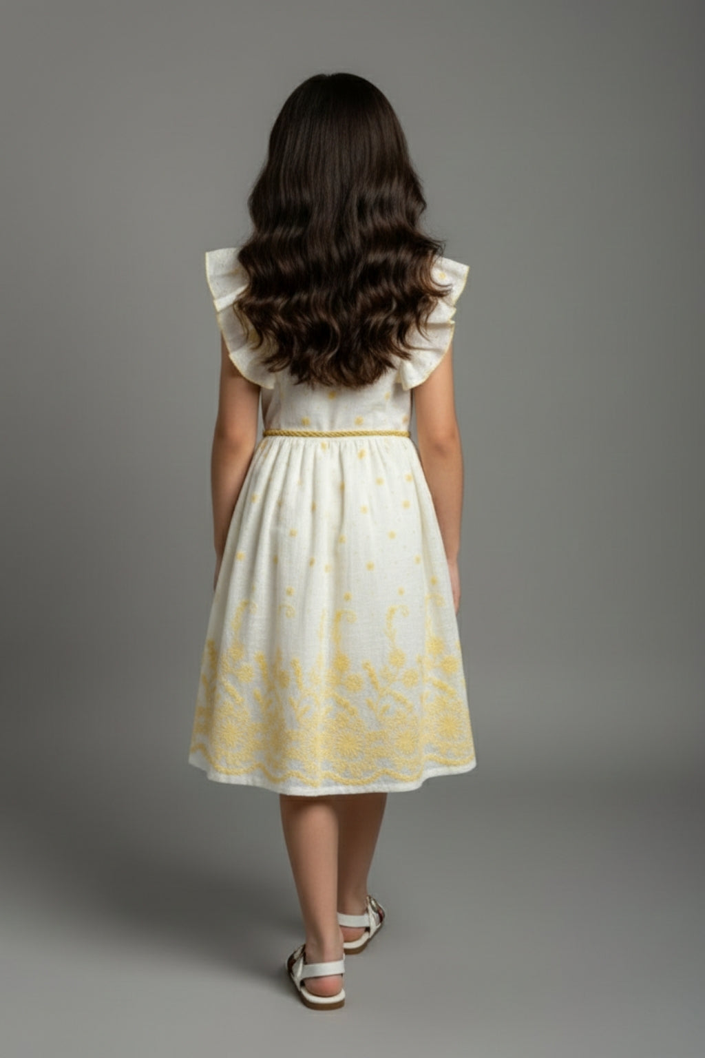 Girls White & Yellow Ruffle Sleeve Dress M2598