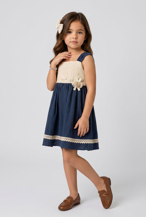 Navy Blue & Beige Crochet Bodice Sleeveless Dress M2637
