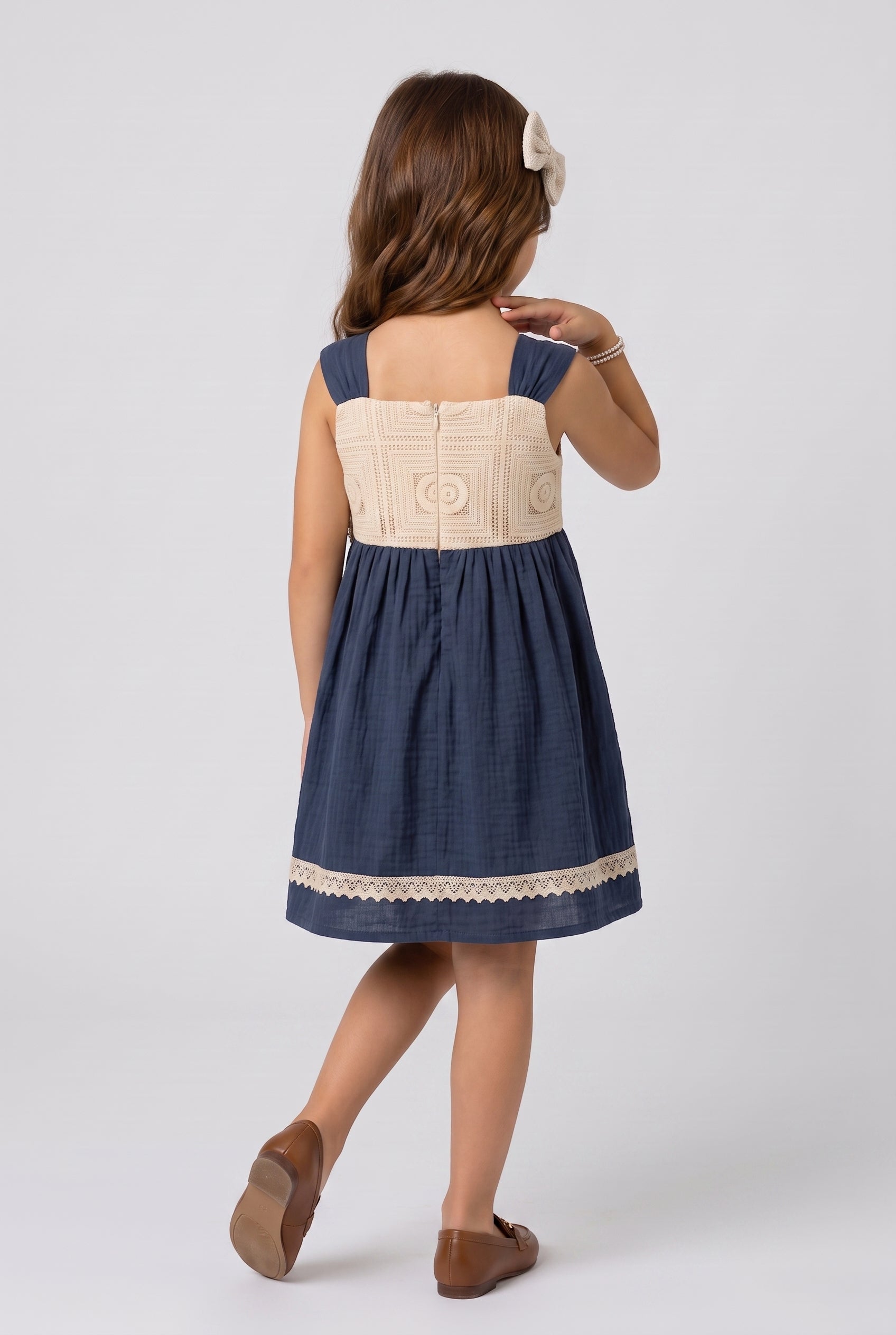 Navy Blue & Beige Crochet Bodice Sleeveless Dress M2637