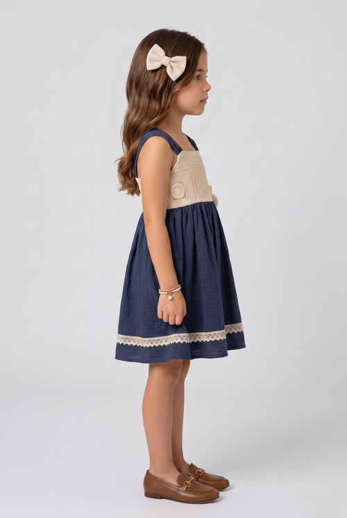 Navy Blue & Beige Crochet Bodice Sleeveless Dress M2637