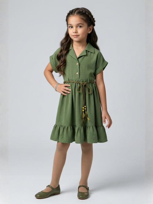 Olive Green Belted Tiered Shirt Dress M2674