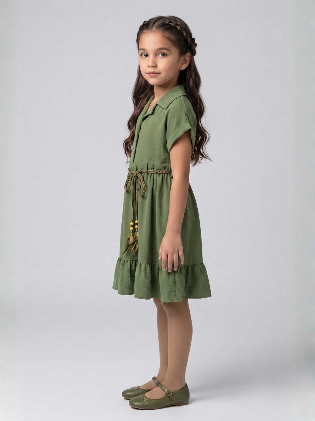 Olive Green Belted Tiered Shirt Dress M2674