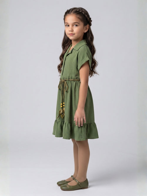 Olive Green Belted Tiered Shirt Dress M2674