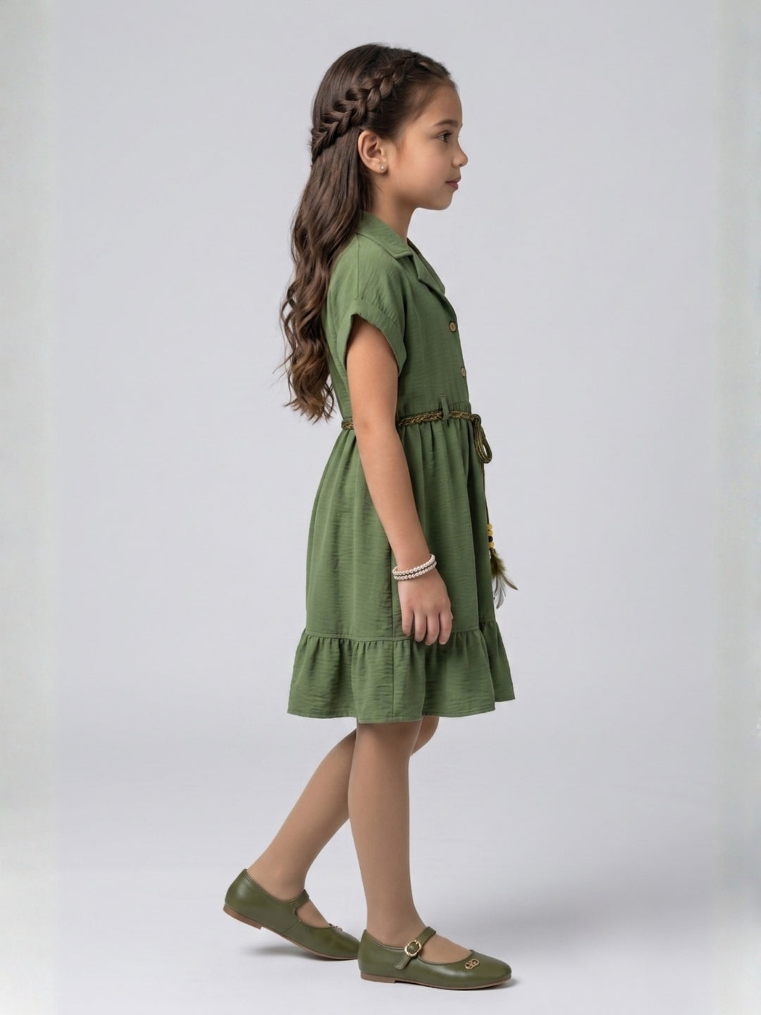 Olive Green Belted Tiered Shirt Dress M2674