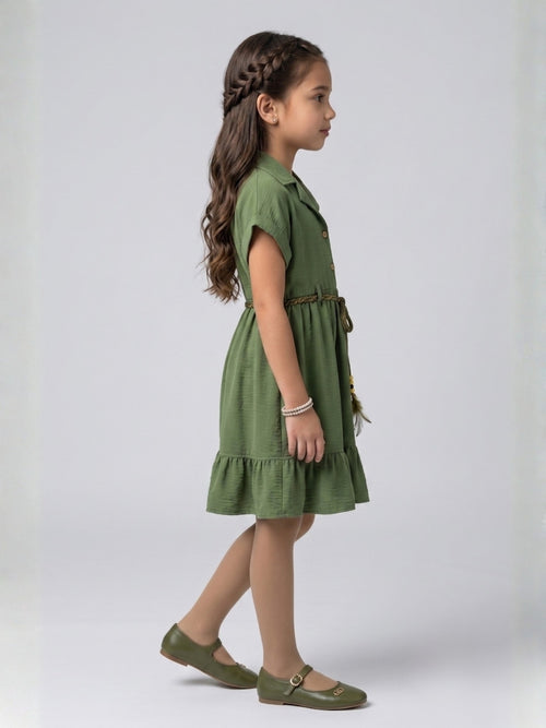 Olive Green Belted Tiered Shirt Dress M2674