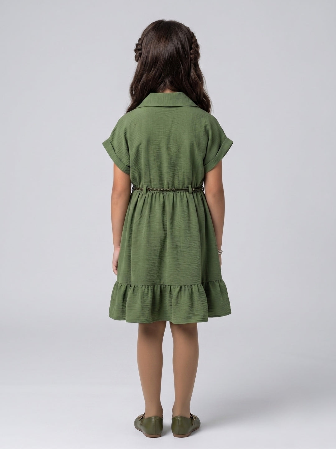 Olive Green Belted Tiered Shirt Dress M2674