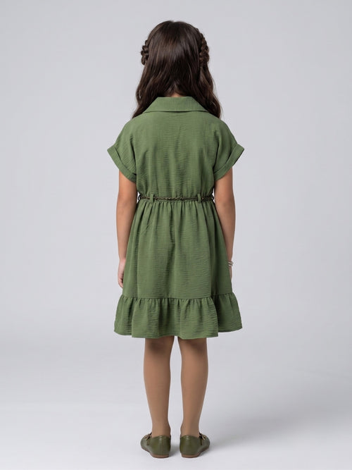 Olive Green Belted Tiered Shirt Dress M2674