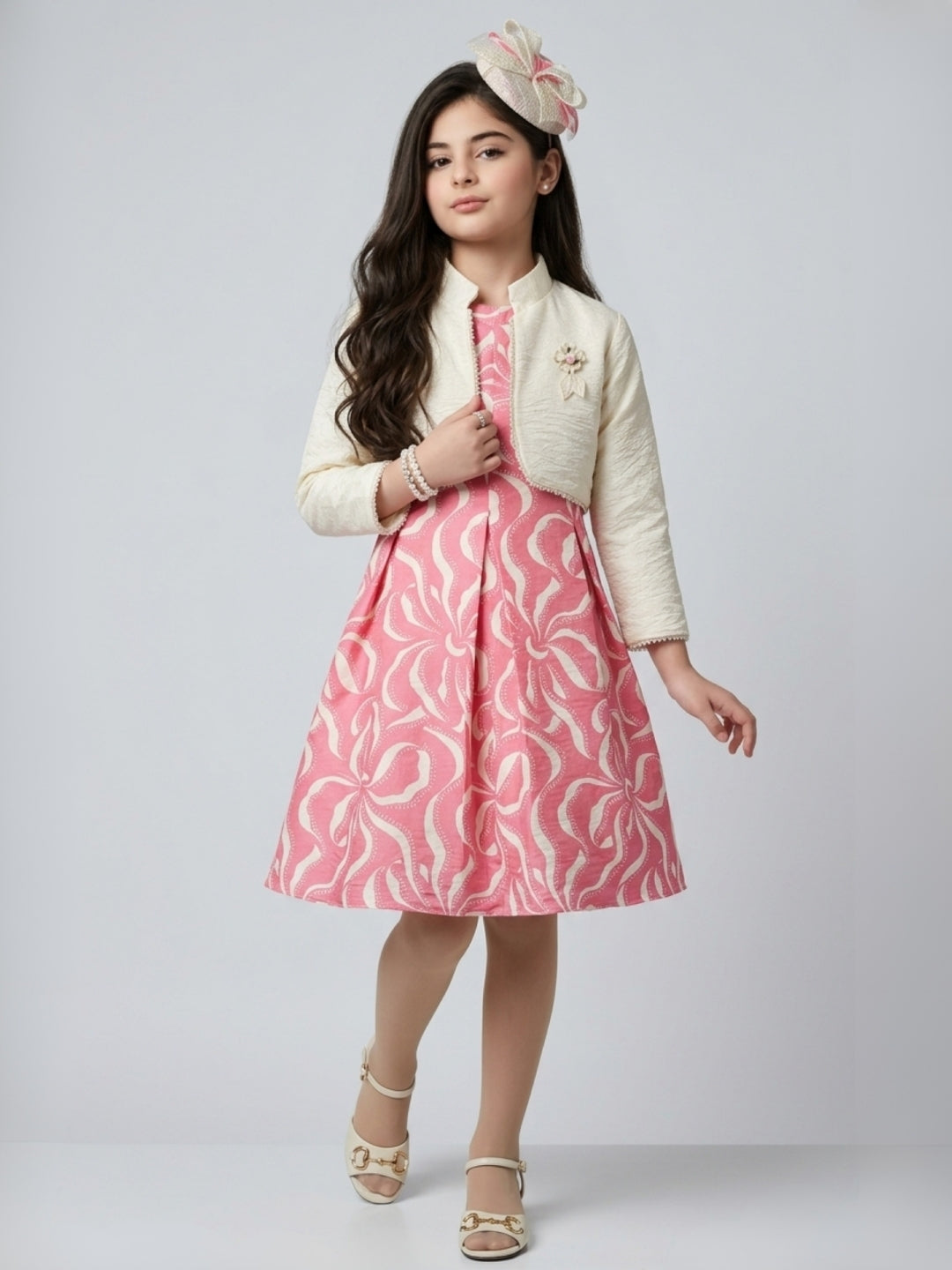 Blush Bloom Pink Floral Midi Dress with Ivory Bolero M2675