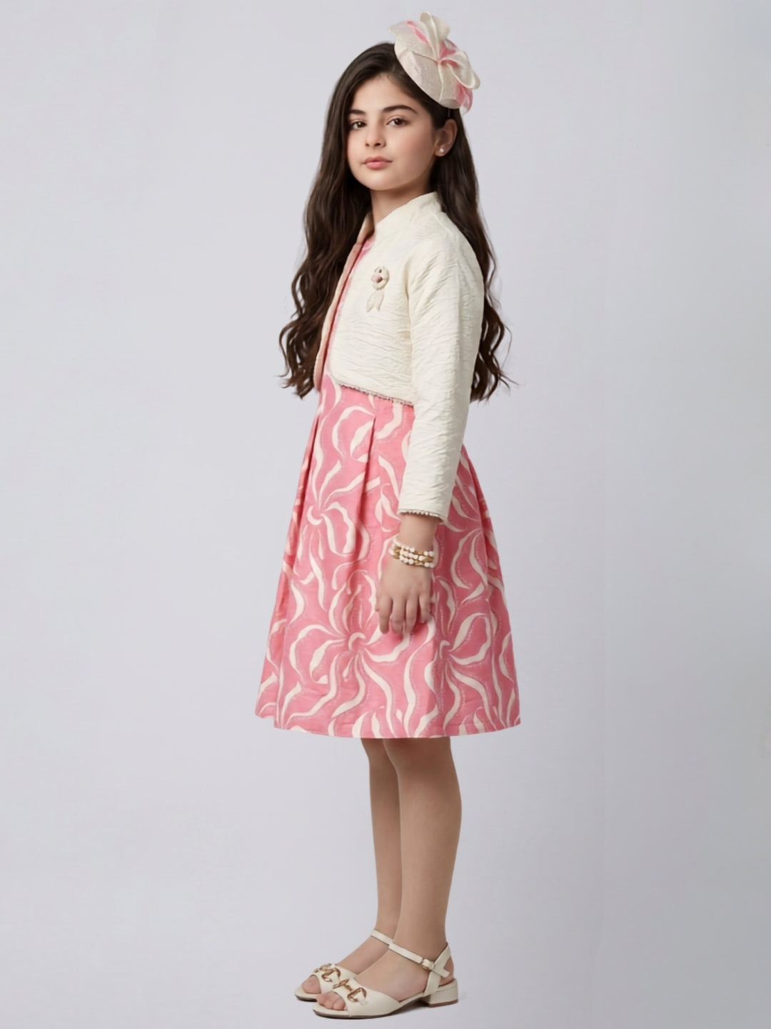 Blush Bloom Pink Floral Midi Dress with Ivory Bolero M2675