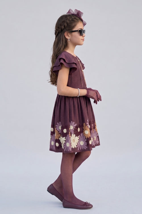 Wine Floral Embroidered Flutter Sleeve Party Dress M2676