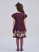 Wine Floral Embroidered Flutter Sleeve Party Dress M2676